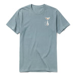 A sage short-sleeve crewneck t-shirt for adult featuring a graphic of a cat on the left chest.