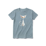 A sage short-sleeve crewneck t-shirt for youth featuring a graphic of a cat on the front.