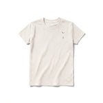 A vintage-white short-sleeve crewneck t-shirt for youth featuring a graphic of a cat on the left chest.