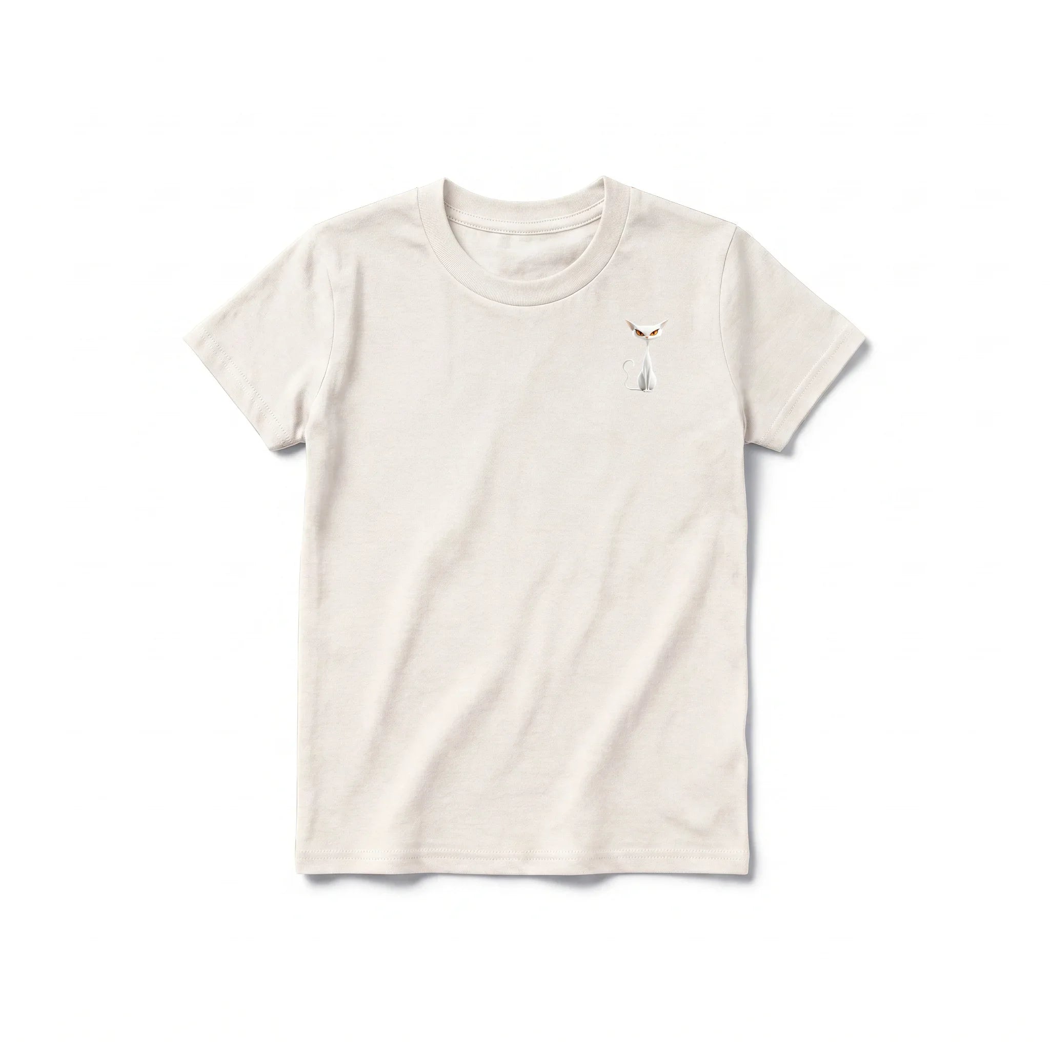 A vintage-white short-sleeve crewneck t-shirt for youth featuring a graphic of a cat on the left chest.