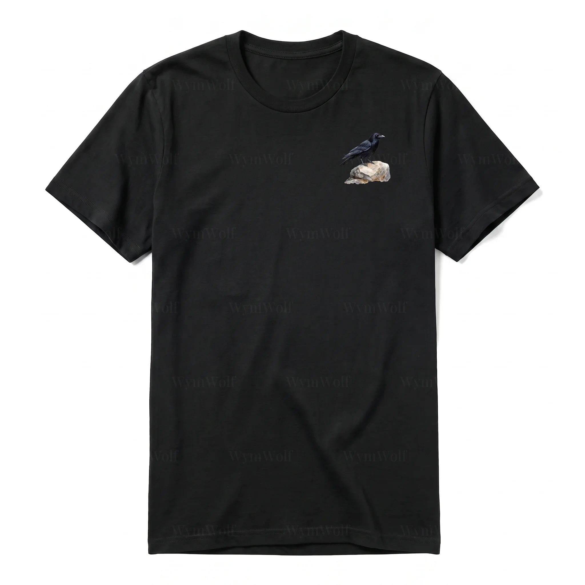 Un T-shirt noir T-shirt à col rond et manches courtes pour adulte, orné d'un motif représentant un oiseau sur la poitrine gauche.