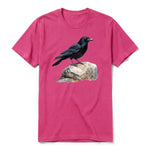 A raspberry short-sleeve crewneck t-shirt for adult featuring a graphic of a bird on the front.