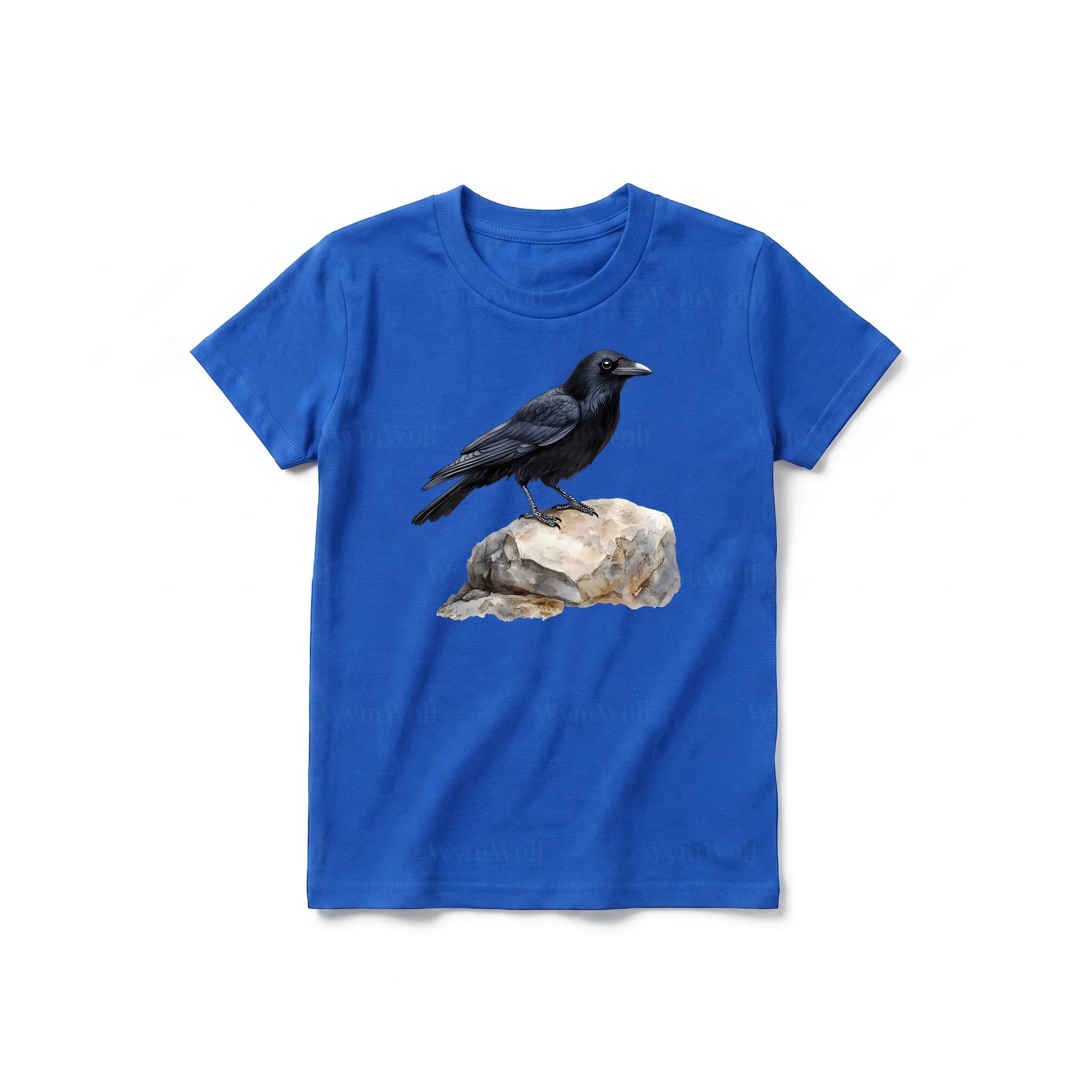 Un T-shirt royal à manches courtes et col rond pour jeune, orné d'un motif représentant un oiseau sur le devant.