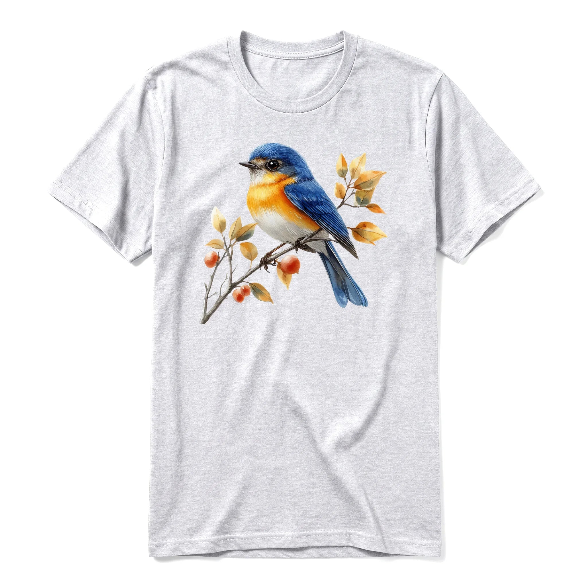 Un T-shirt gris cendré T-shirt à col rond et manches courtes pour adulte, orné d'un motif représentant un oiseau sur le devant.