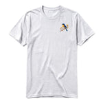 Un T-shirt gris cendré T-shirt à col rond et manches courtes pour adulte, orné d'un motif représentant un oiseau sur la poitrine gauche.