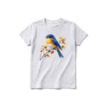 Un T-shirt gris cendré à manches courtes et col rond pour jeune, orné d'un motif représentant un oiseau sur le devant.
