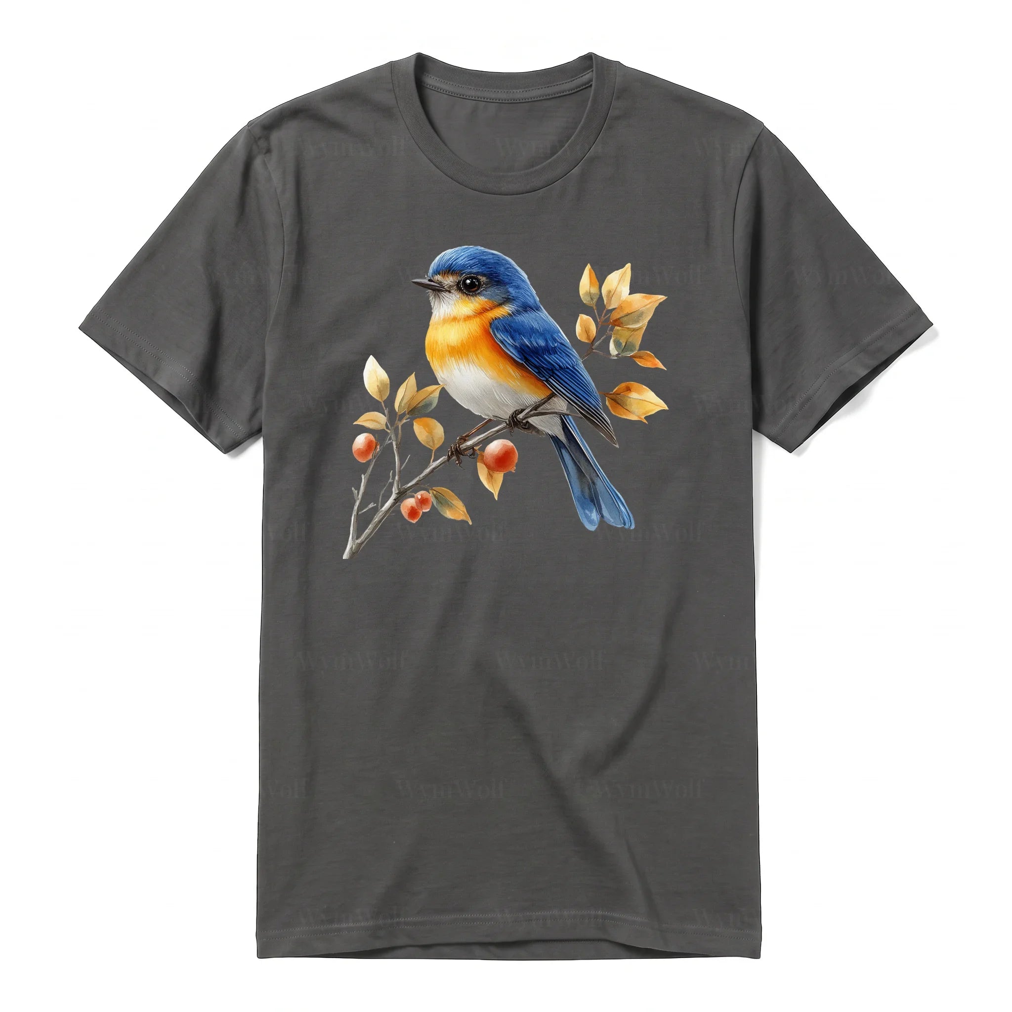 Un T-shirt charbon T-shirt à col rond et manches courtes pour adulte, orné d'un motif représentant un oiseau sur le devant.
