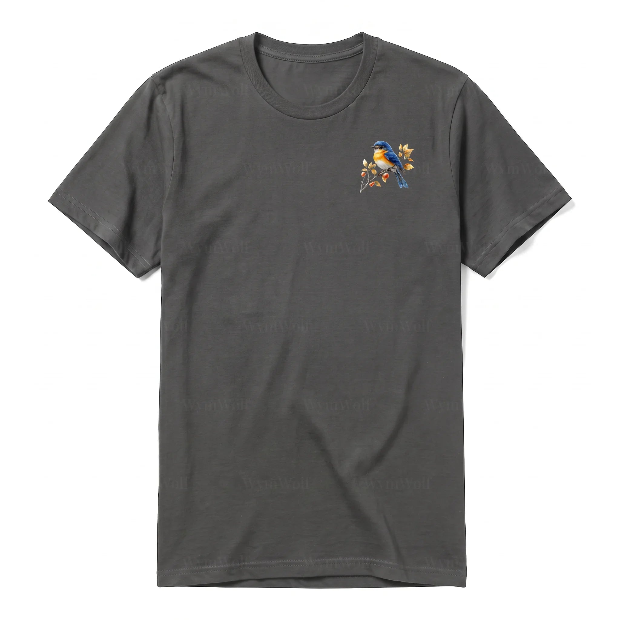 Un T-shirt charbon T-shirt à col rond et manches courtes pour adulte, orné d'un motif représentant un oiseau sur la poitrine gauche.