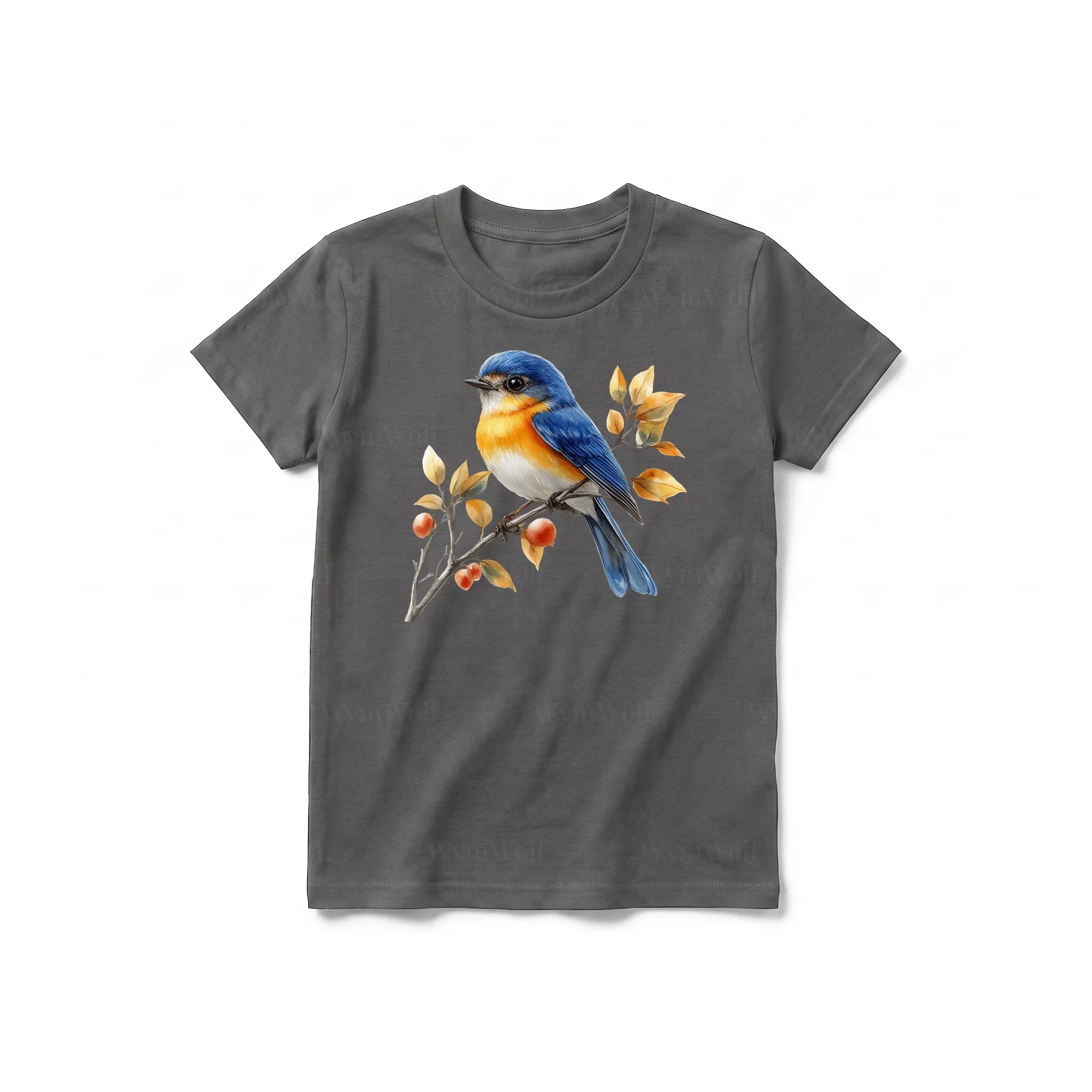 Un T-shirt charbon à manches courtes et col rond pour jeune, orné d'un motif représentant un oiseau sur le devant.