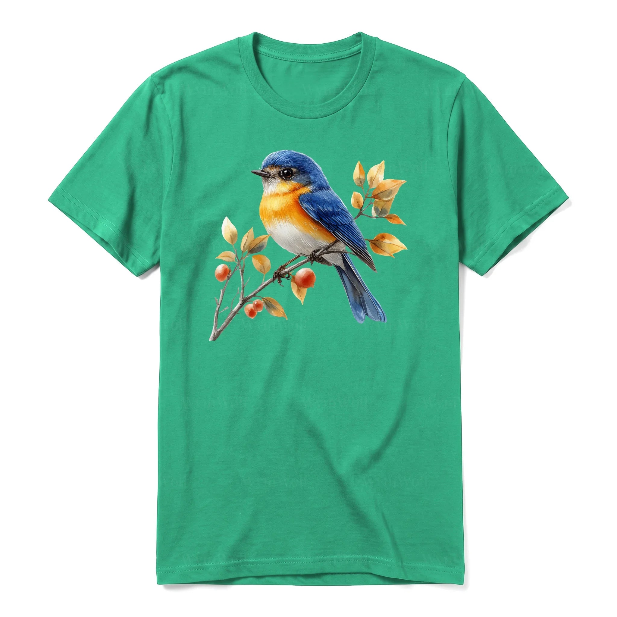 Un T-shirt kelly T-shirt à col rond et manches courtes pour adulte, orné d'un motif représentant un oiseau sur le devant.