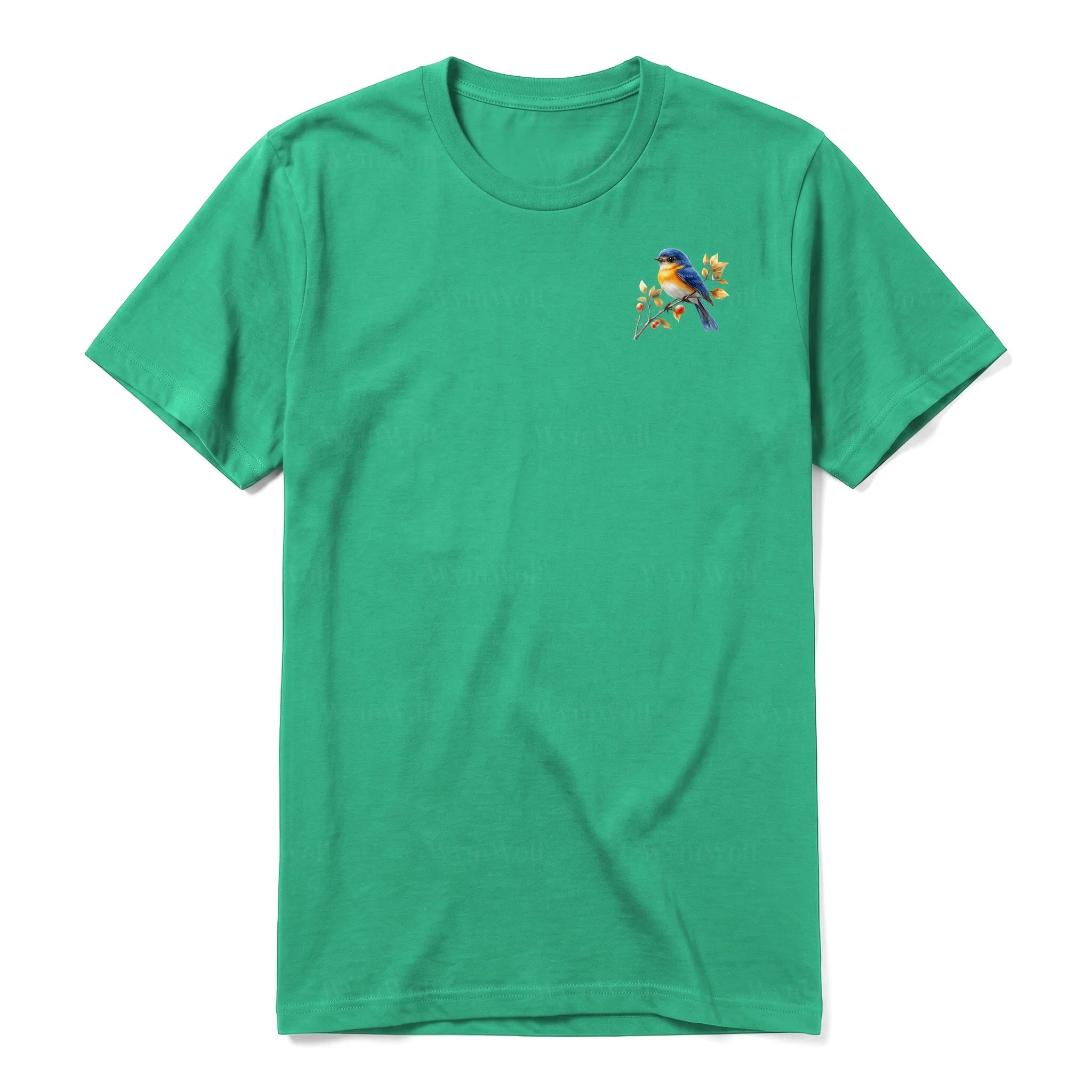 Un T-shirt kelly T-shirt à col rond et manches courtes pour adulte, orné d'un motif représentant un oiseau sur la poitrine gauche.