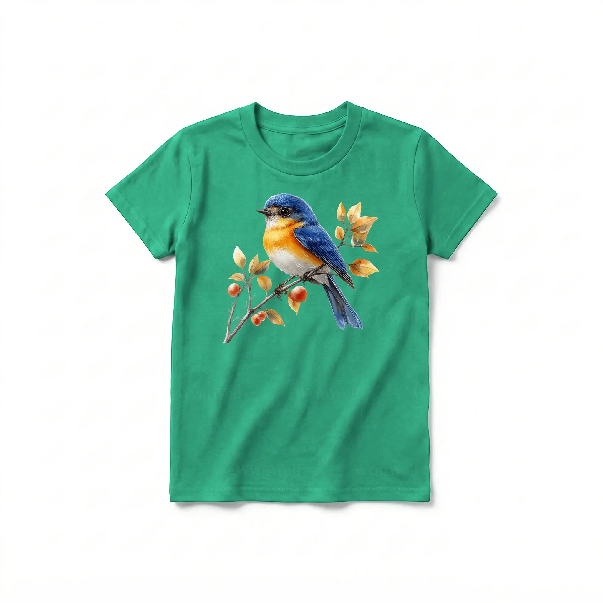 Un T-shirt kelly à manches courtes et col rond pour jeune, orné d'un motif représentant un oiseau sur le devant.