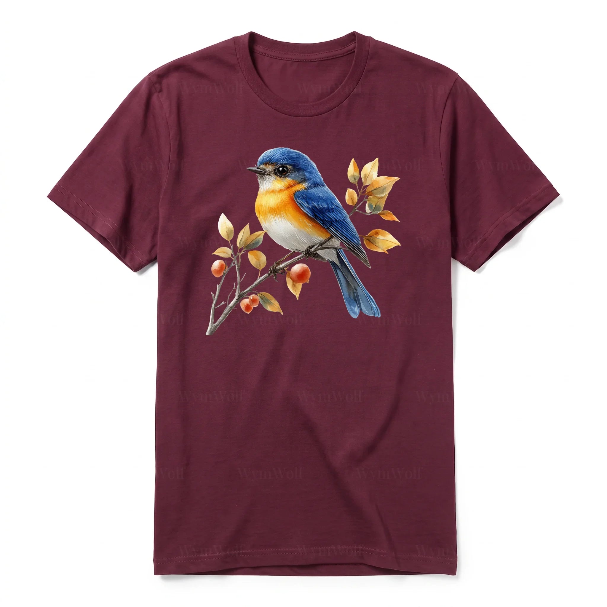Un T-shirt marron T-shirt à col rond et manches courtes pour adulte, orné d'un motif représentant un oiseau sur le devant.