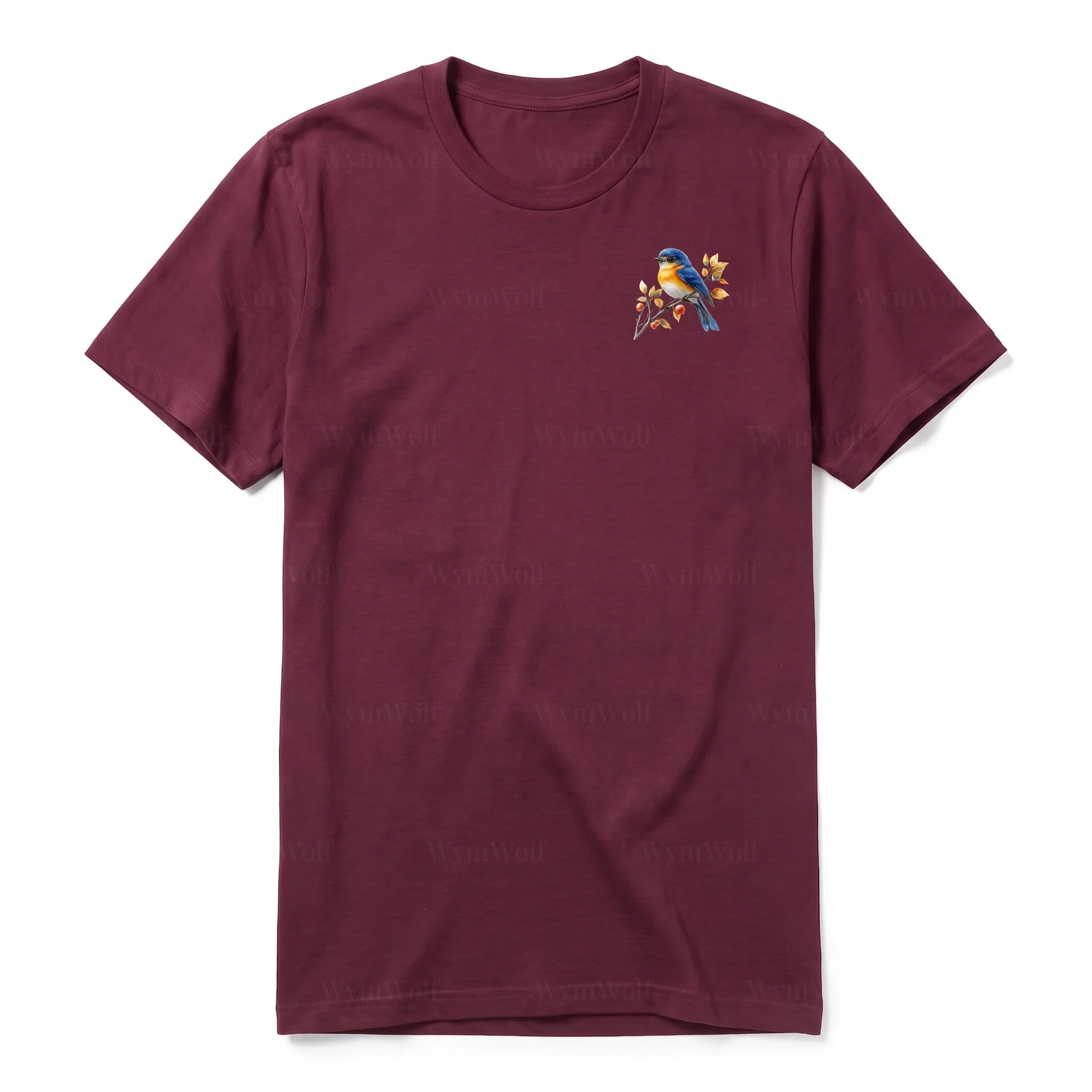 Un T-shirt marron T-shirt à col rond et manches courtes pour adulte, orné d'un motif représentant un oiseau sur la poitrine gauche.