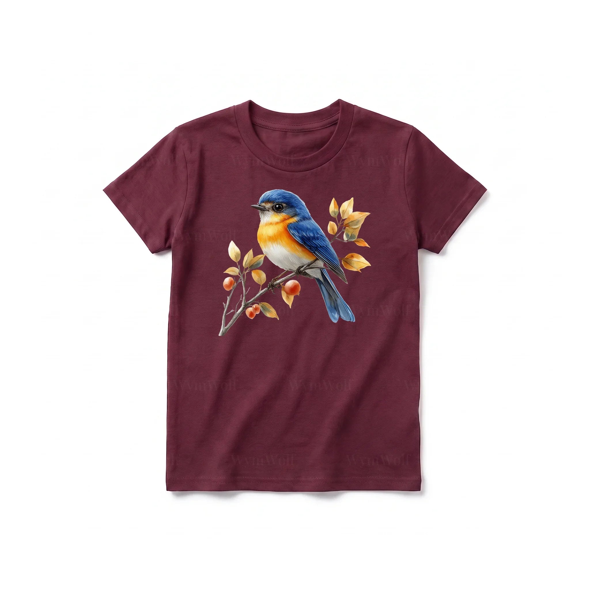 Un T-shirt marron à manches courtes et col rond pour jeune, orné d'un motif représentant un oiseau sur le devant.