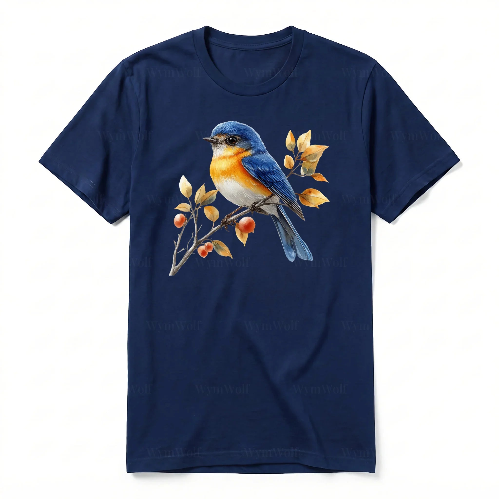 Un T-shirt marine T-shirt à col rond et manches courtes pour adulte, orné d'un motif représentant un oiseau sur le devant.