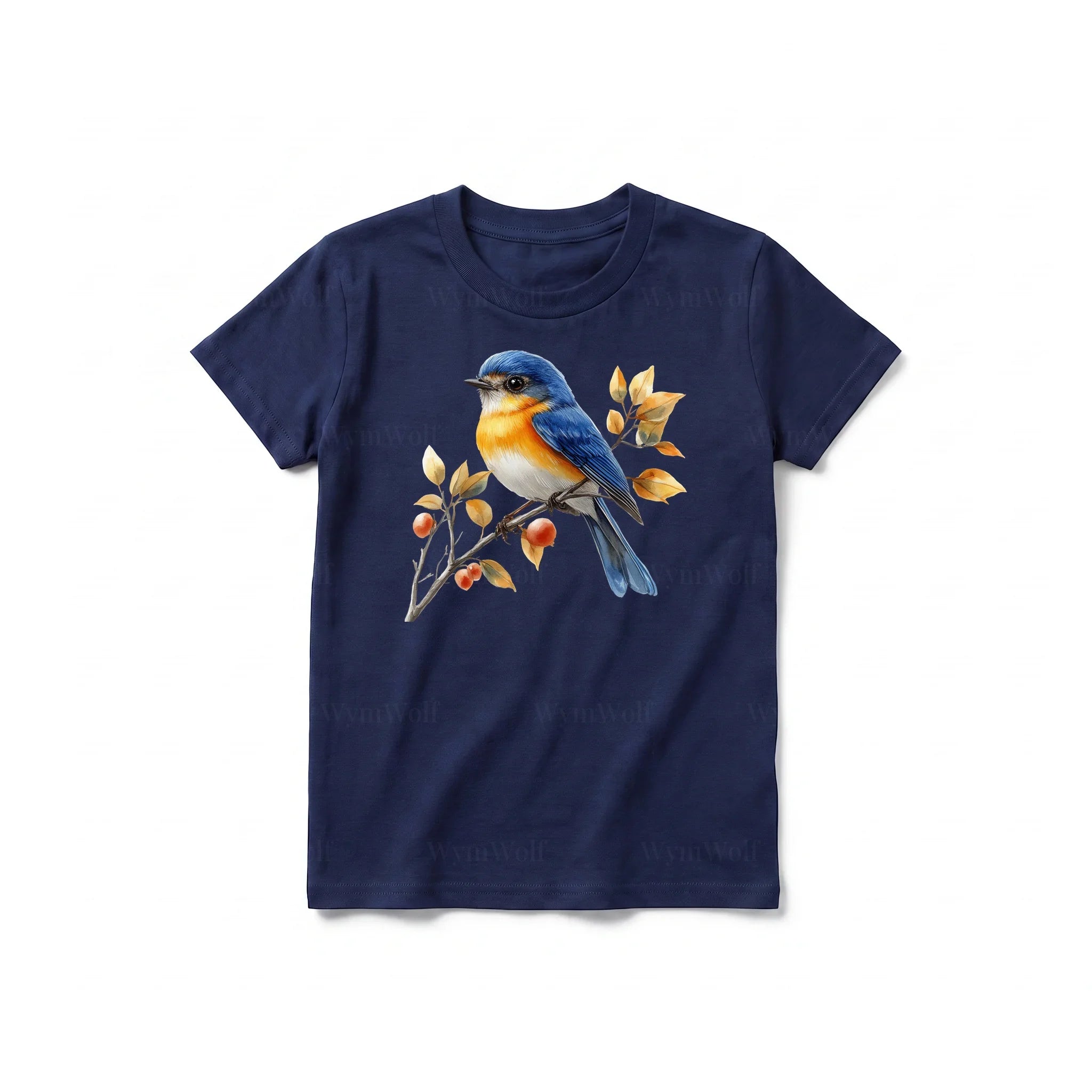 Un T-shirt marine à manches courtes et col rond pour jeune, orné d'un motif représentant un oiseau sur le devant.