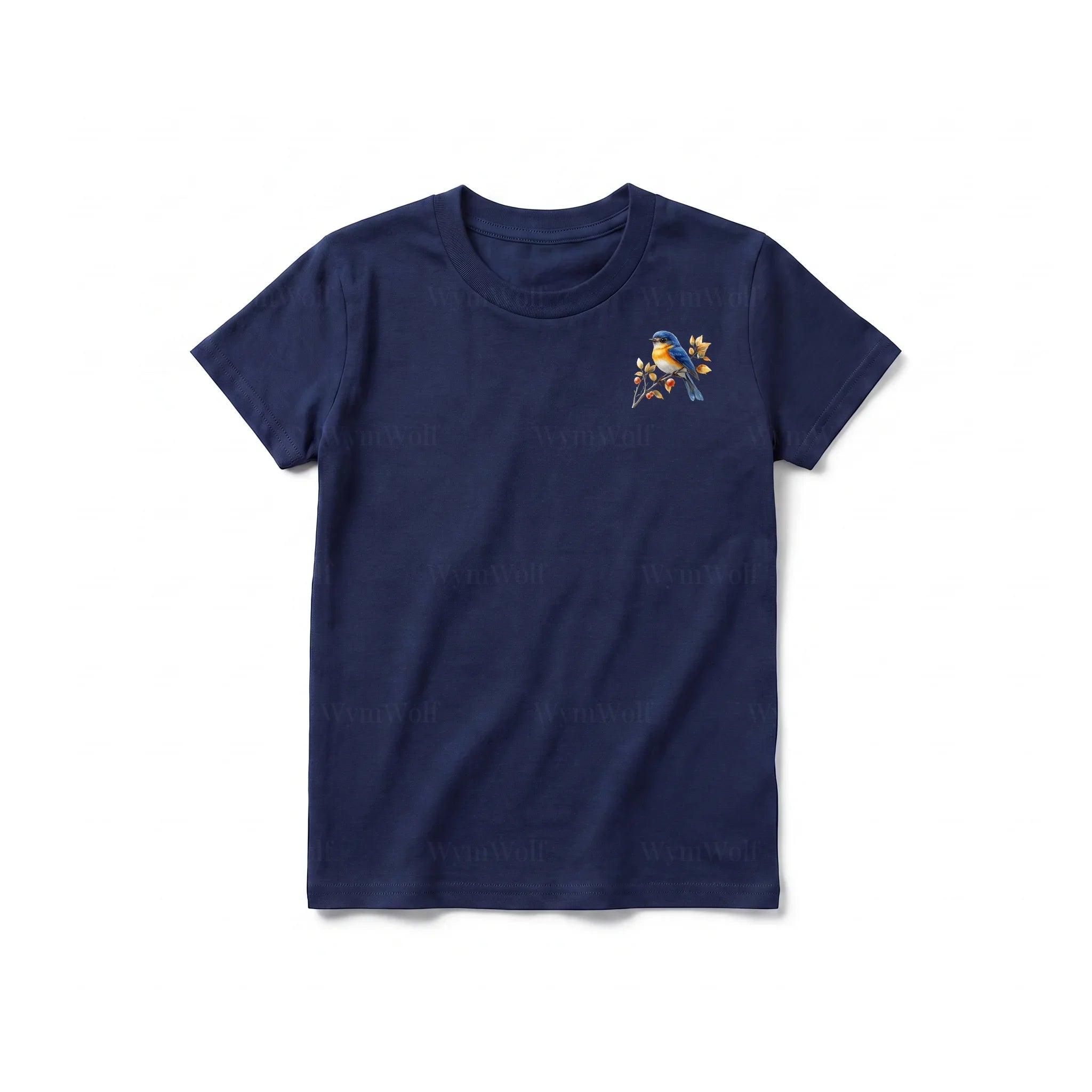 Un T-shirt marine à manches courtes et col rond pour jeune, orné d'un motif représentant un oiseau sur la poitrine gauche.