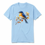 Un T-shirt poudre T-shirt à col rond et manches courtes pour adulte, orné d'un motif représentant un oiseau sur le devant.