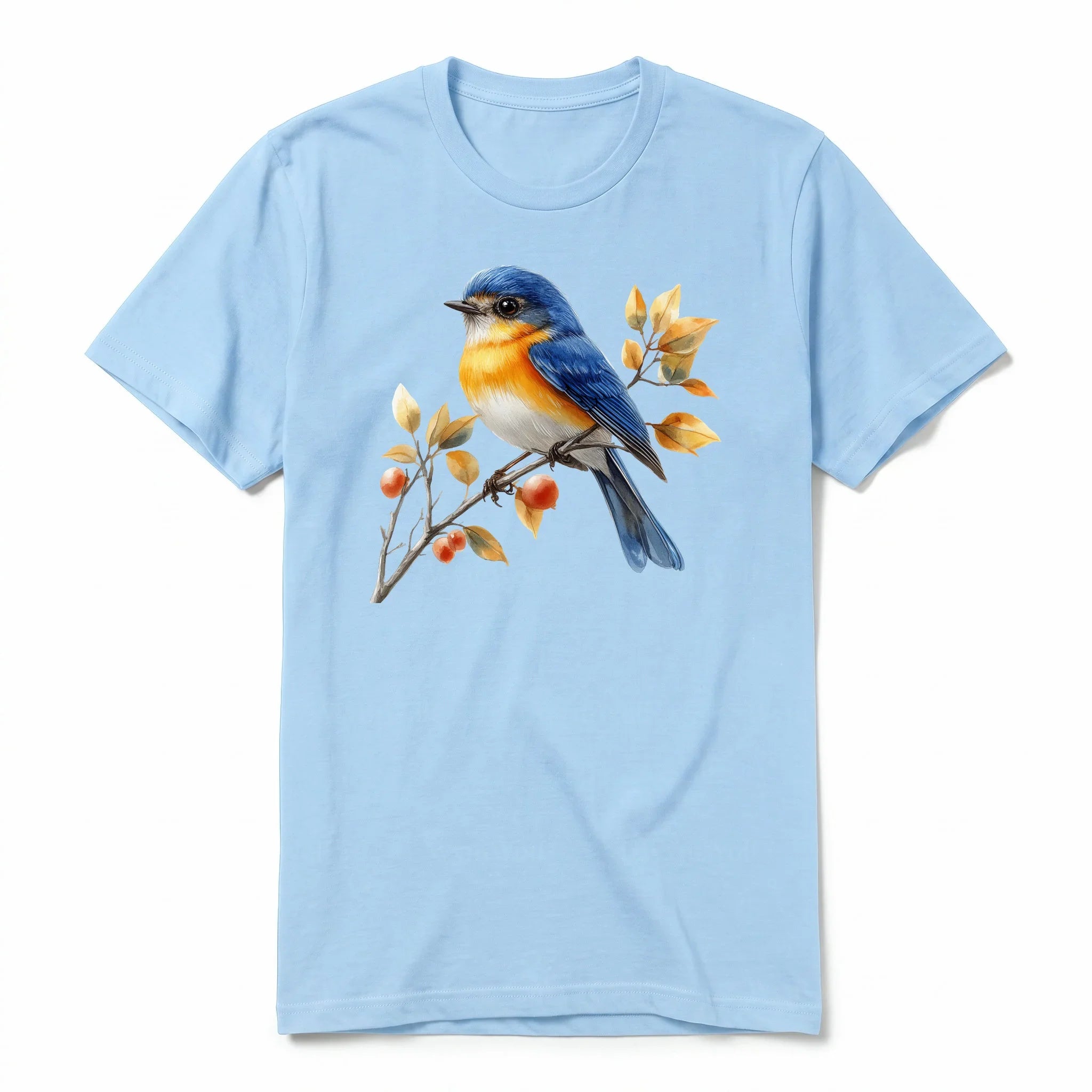 Un T-shirt poudre T-shirt à col rond et manches courtes pour adulte, orné d'un motif représentant un oiseau sur le devant.
