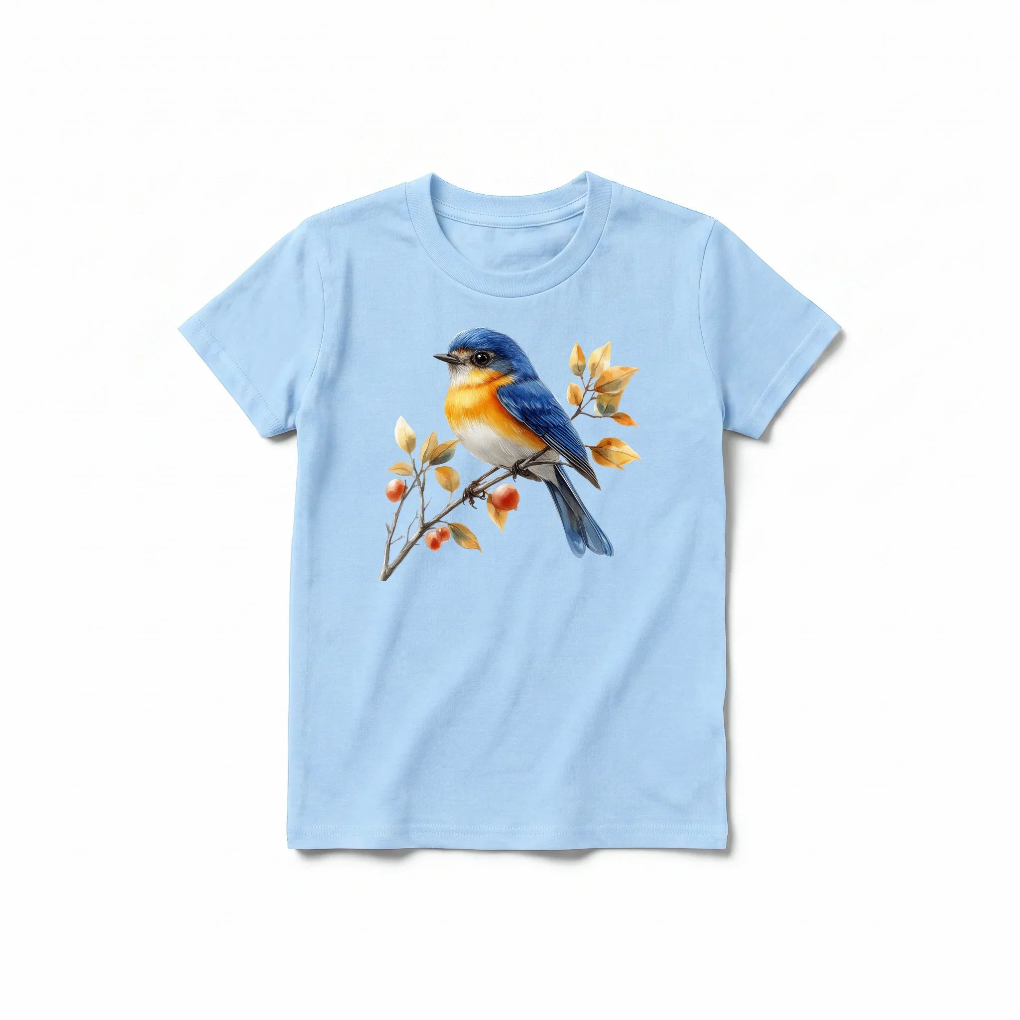 Un T-shirt poudre à manches courtes et col rond pour jeune, orné d'un motif représentant un oiseau sur le devant.