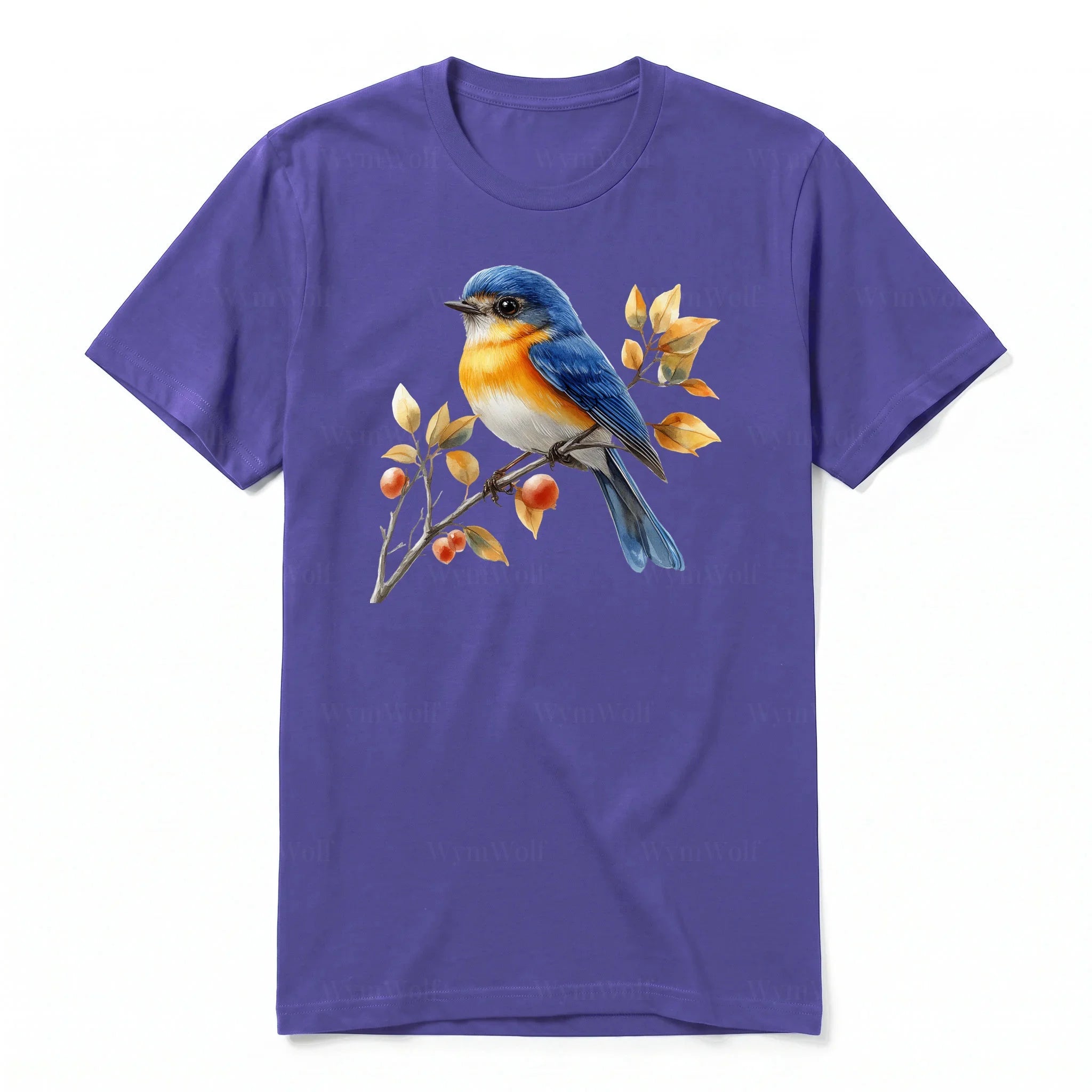 Un T-shirt violet T-shirt à col rond et manches courtes pour adulte, orné d'un motif représentant un oiseau sur le devant.