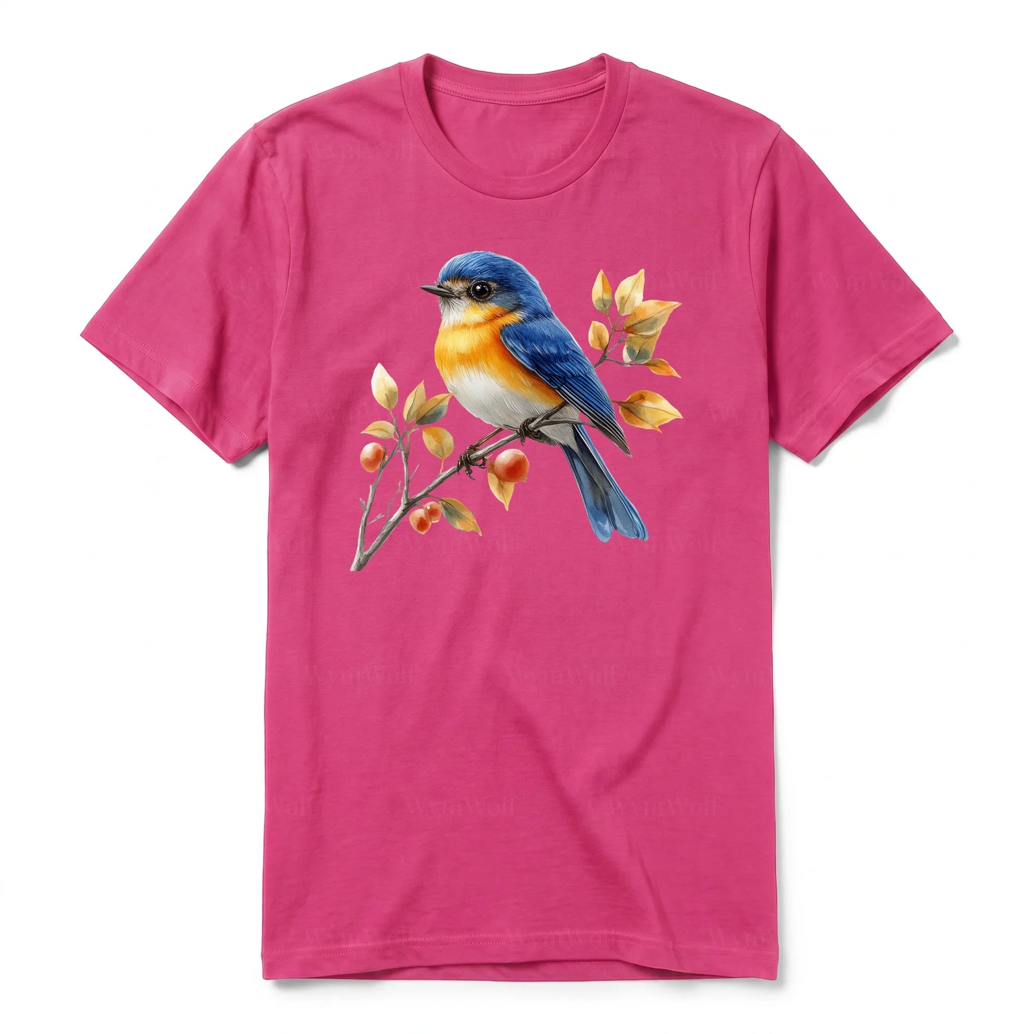 Un T-shirt framboise T-shirt à col rond et manches courtes pour adulte, orné d'un motif représentant un oiseau sur le devant.