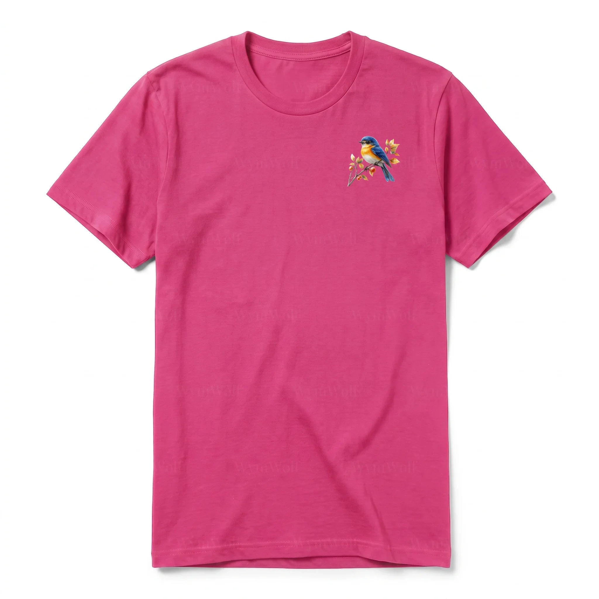 Un T-shirt framboise T-shirt à col rond et manches courtes pour adulte, orné d'un motif représentant un oiseau sur la poitrine gauche.