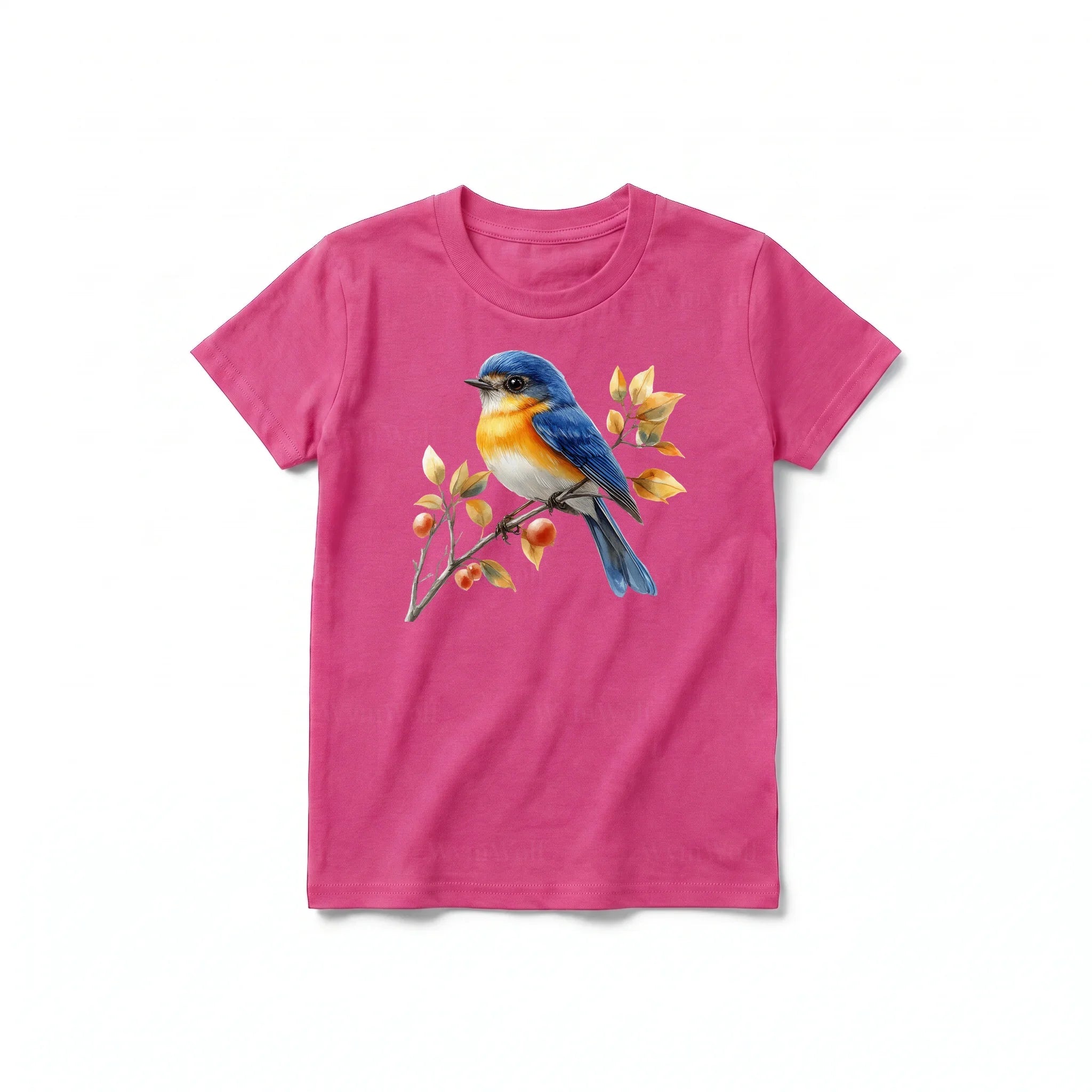 Un T-shirt framboise à manches courtes et col rond pour jeune, orné d'un motif représentant un oiseau sur le devant.