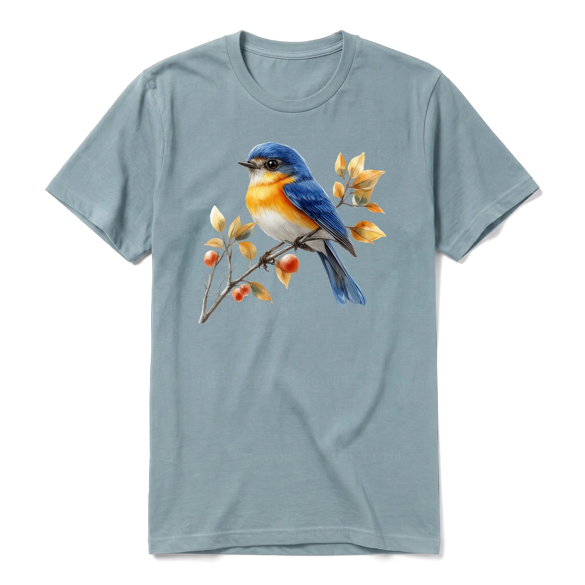 Un T-shirt sauge T-shirt à col rond et manches courtes pour adulte, orné d'un motif représentant un oiseau sur le devant.