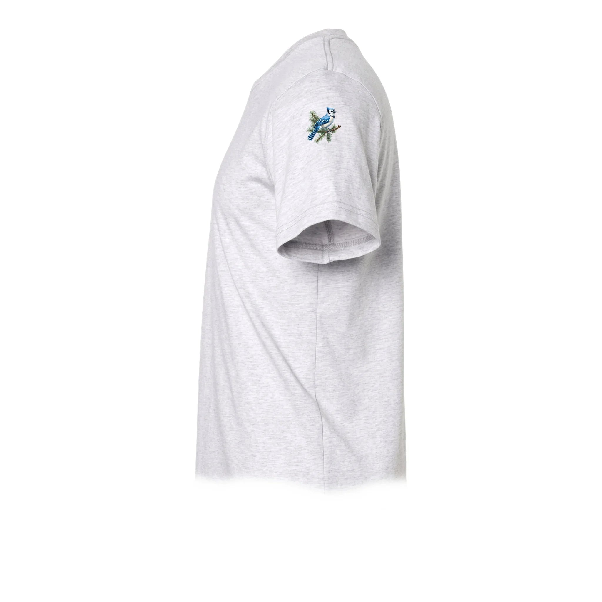 A ash grey short-sleeve crewneck t-shirt  featuring a small graphic of a bird on the upper left sleeve.