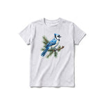 A ash grey short-sleeve crewneck t-shirt for youth featuring a graphic of a bird on the front.