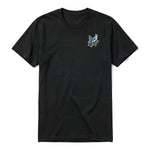 A black short-sleeve crewneck t-shirt for adult featuring a graphic of a bird on the left chest.