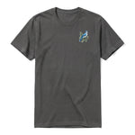 A charcoal short-sleeve crewneck t-shirt for adult featuring a graphic of a bird on the left chest.