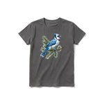 A charcoal short-sleeve crewneck t-shirt for youth featuring a graphic of a bird on the front.