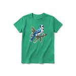 A kelly short-sleeve crewneck t-shirt for youth featuring a graphic of a bird on the front.