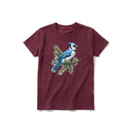 A maroon short-sleeve crewneck t-shirt for youth featuring a graphic of a bird on the front.