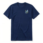 A navy short-sleeve crewneck t-shirt for adult featuring a graphic of a bird on the left chest.