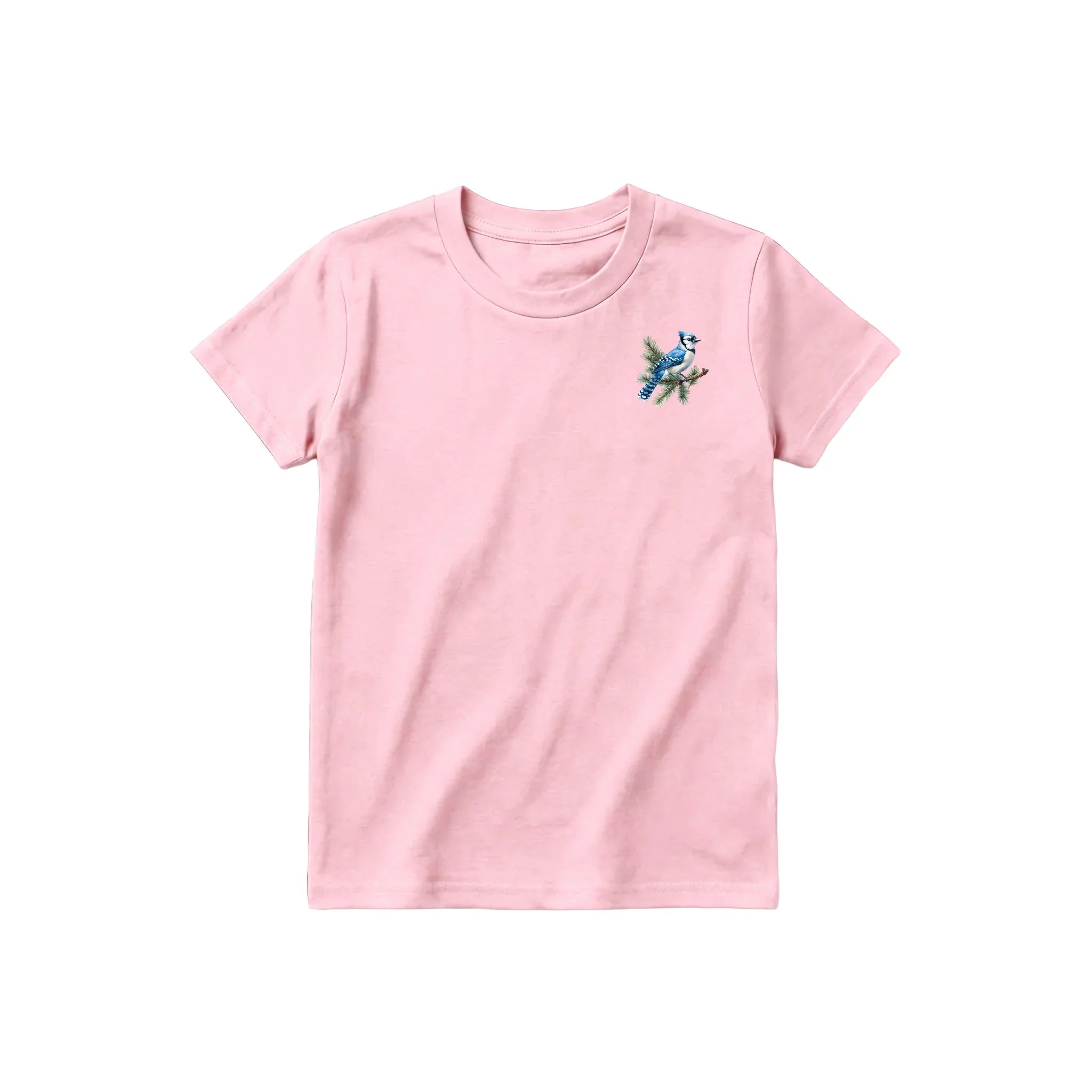 A pink short-sleeve crewneck t-shirt for youth featuring a graphic of a bird on the left chest.