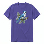 A purple short-sleeve crewneck t-shirt for adult featuring a graphic of a bird on the front.