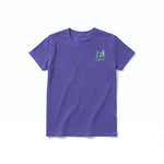 A purple short-sleeve crewneck t-shirt for youth featuring a graphic of a bird on the left chest.