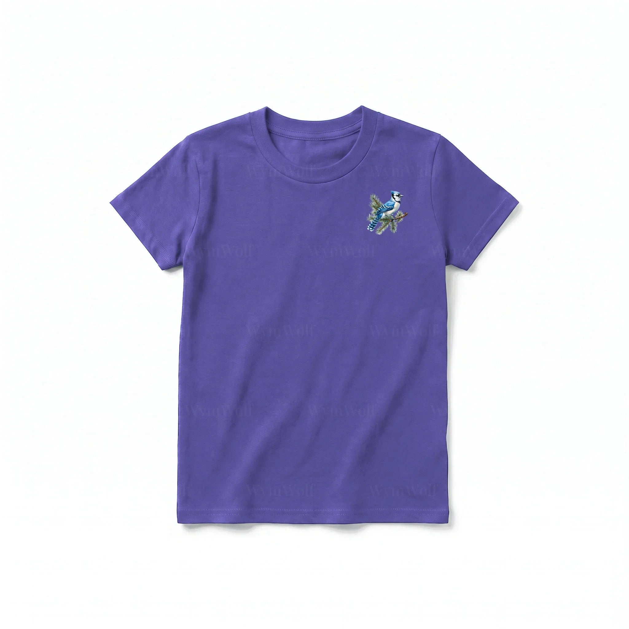 A purple short-sleeve crewneck t-shirt for youth featuring a graphic of a bird on the left chest.