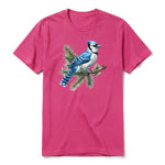 A raspberry short-sleeve crewneck t-shirt for adult featuring a graphic of a bird on the front.