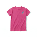 A raspberry short-sleeve crewneck t-shirt for youth featuring a graphic of a bird on the left chest.