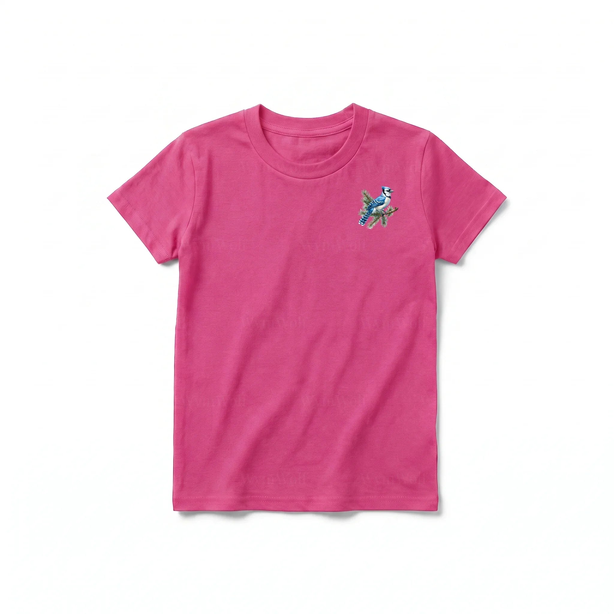 A raspberry short-sleeve crewneck t-shirt for youth featuring a graphic of a bird on the left chest.