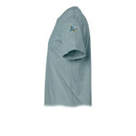 A sage short-sleeve crewneck t-shirt  featuring a small graphic of a bird on the upper left sleeve.