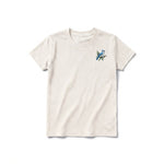 A vintage-white short-sleeve crewneck t-shirt for youth featuring a graphic of a bird on the left chest.