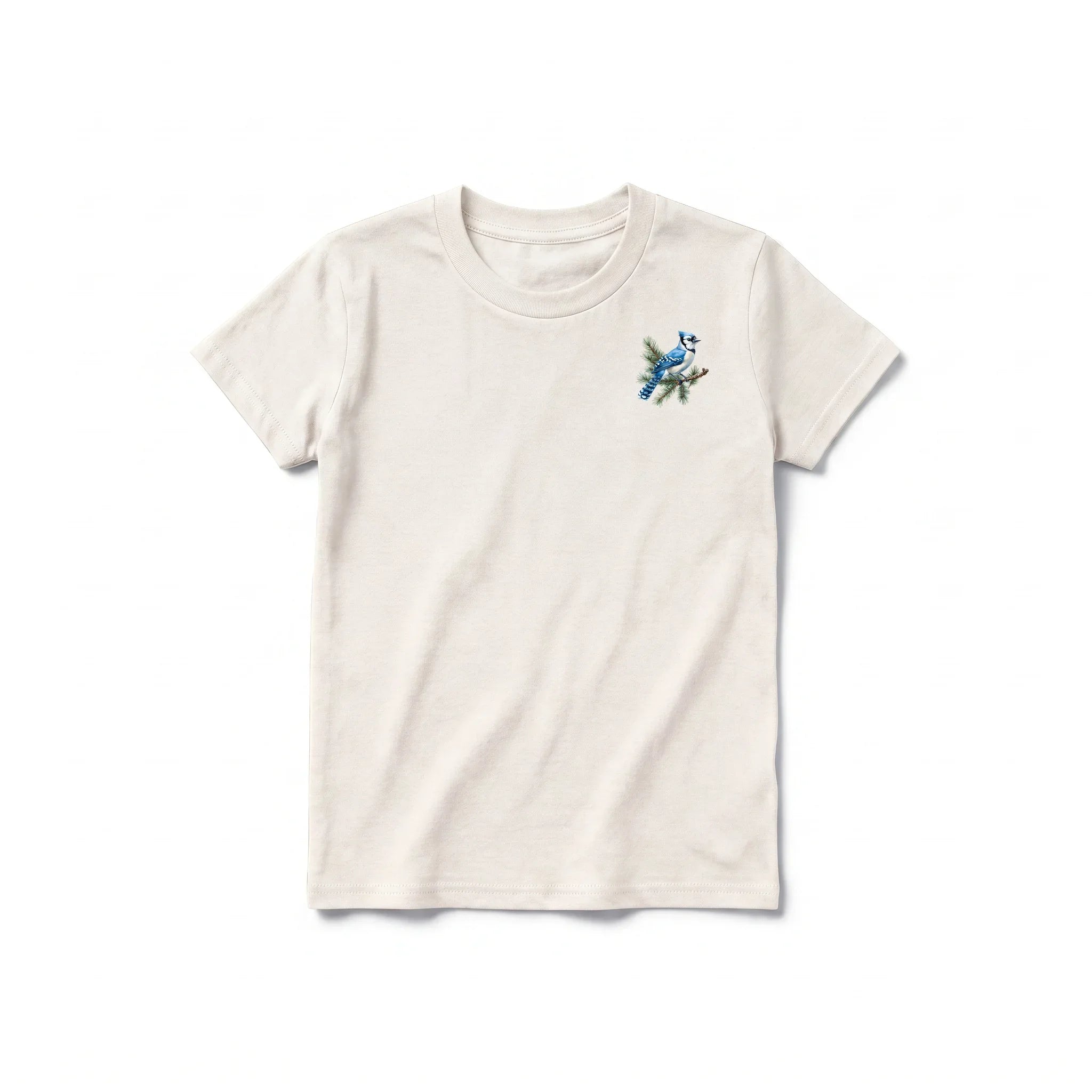 A vintage-white short-sleeve crewneck t-shirt for youth featuring a graphic of a bird on the left chest.