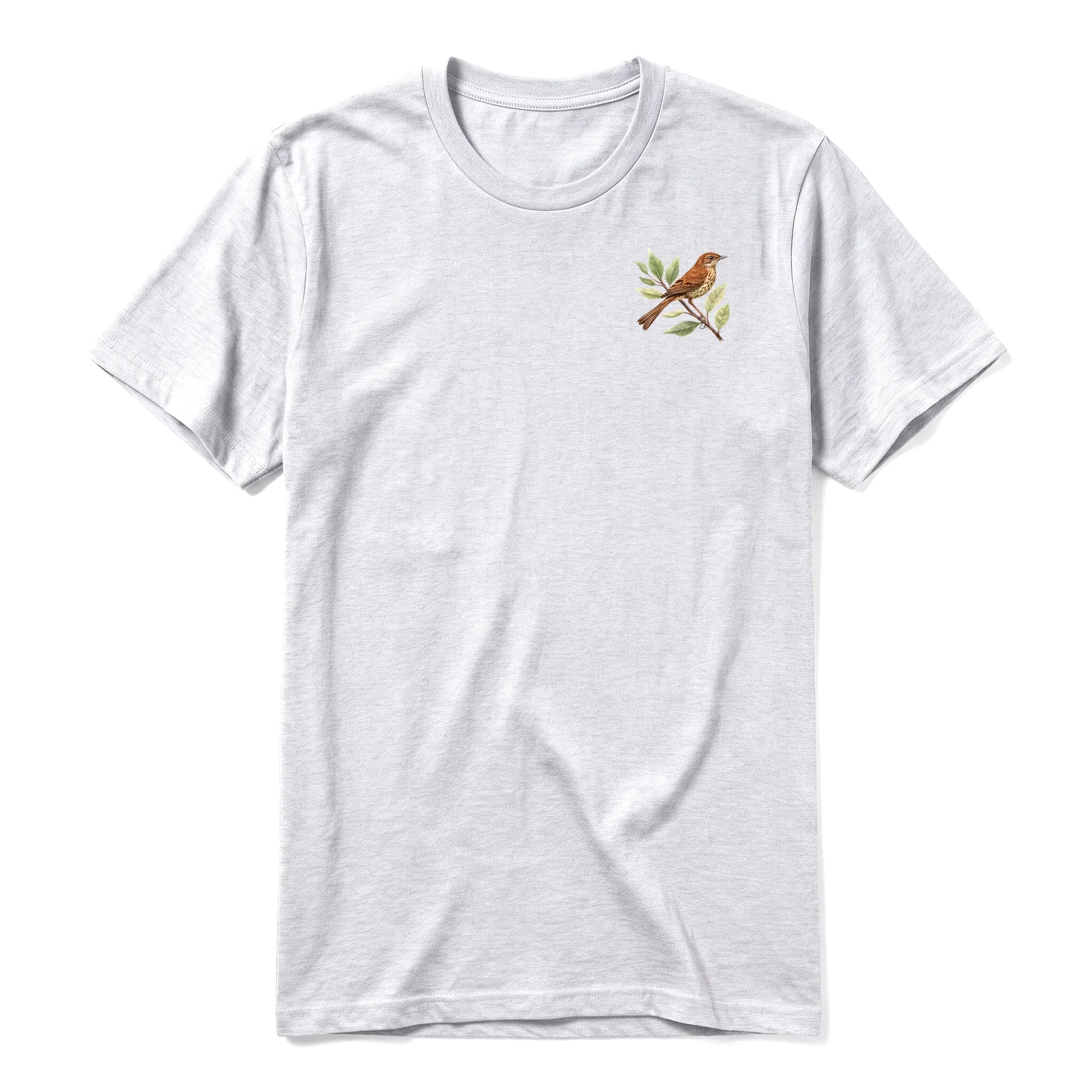 A ash grey short-sleeve crewneck t-shirt for adult featuring a graphic of a bird on the left chest.