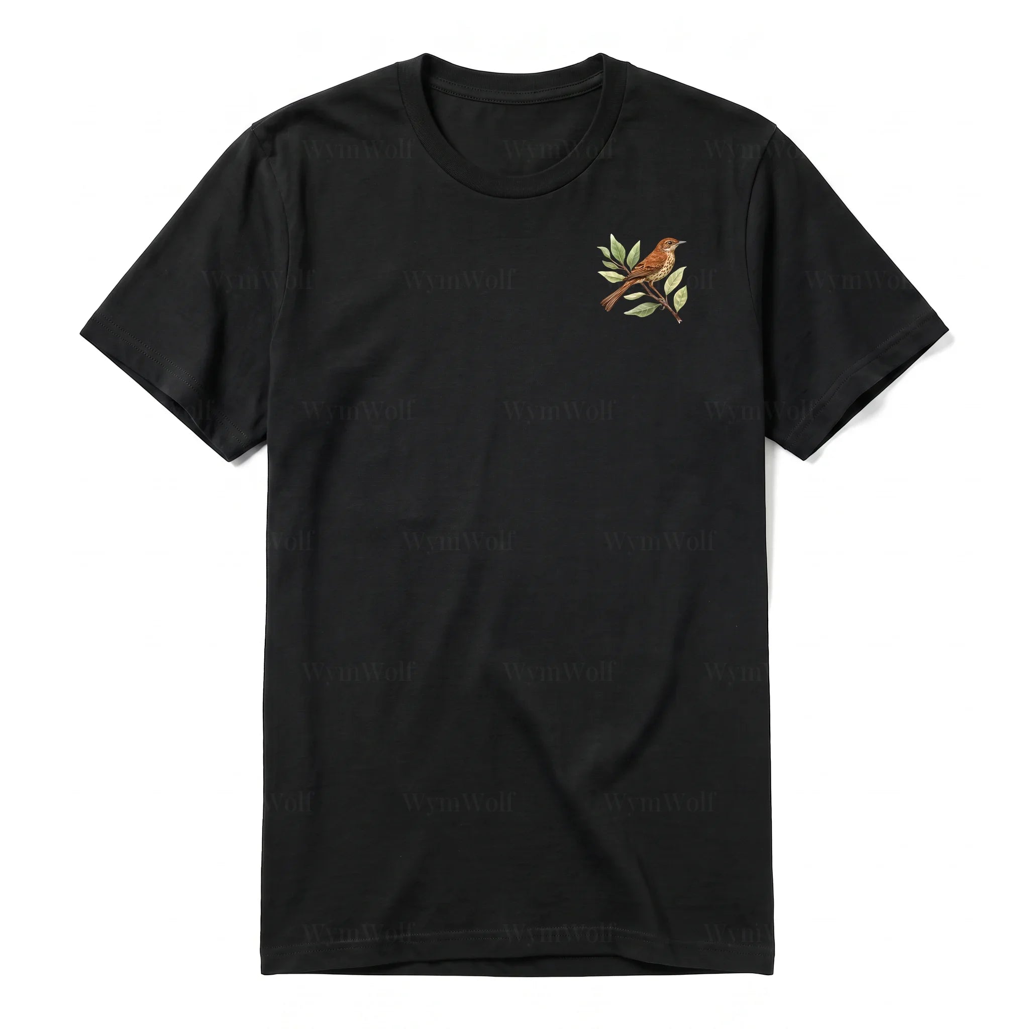 A black short-sleeve crewneck t-shirt for adult featuring a graphic of a bird on the left chest.